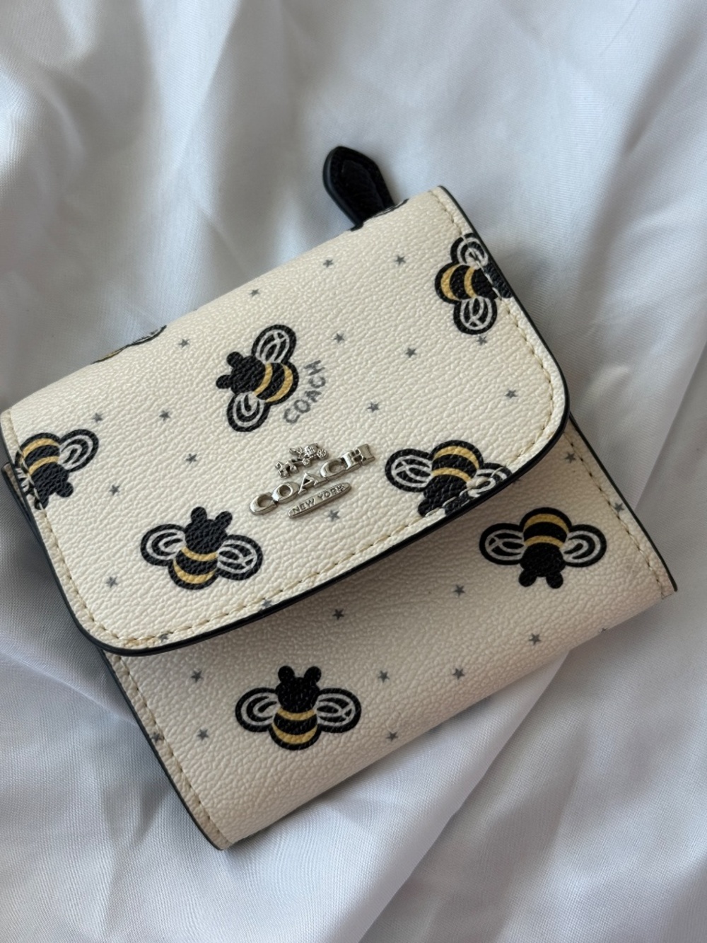 Coach Bee Print Small Wallet Compact Trifold Ivory Blue